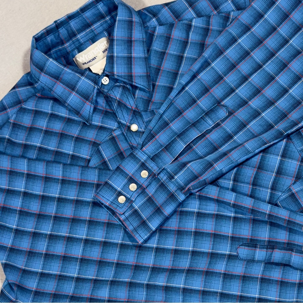 Wrangler Wrancher Mens Blue Plaid Western Pearl Snap Shirt Size Medium